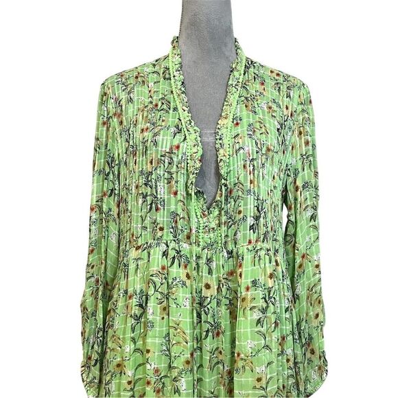 ZARA Boho Green Floral Midi Dress M Gypsy Hippie Hobo Spring Pleated Oversized - Picture 3 of 14